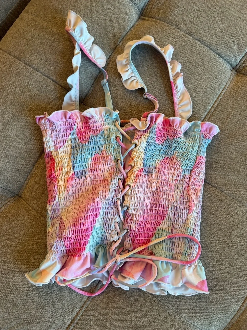 RAD swim Betsey Smocked Tankini Top tank rainbow lined tie-up corset style swim